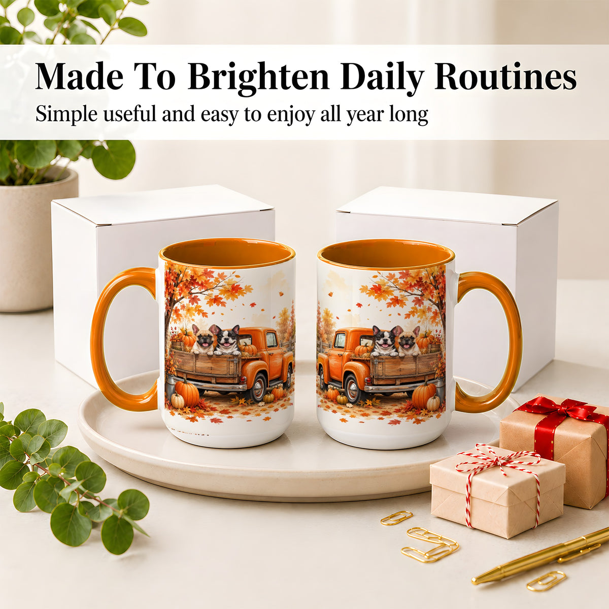 #pl[15oz|Orange] Autumn Dogs Pickup Truck Accent Mug, Mug with Pumpkin Artwork