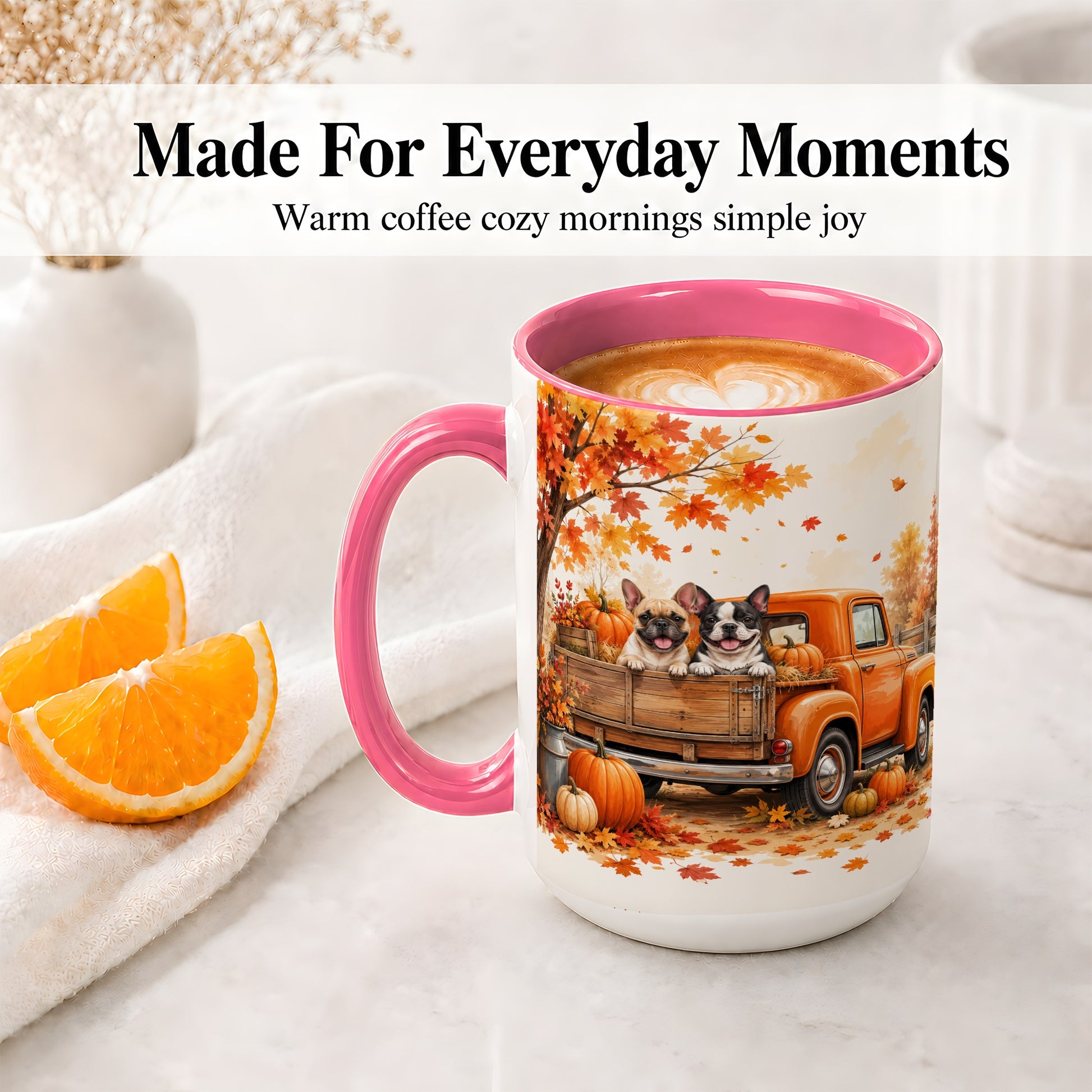 #pl[15oz|Pink] Autumn Dogs Pickup Truck Accent Mug, Mug with Pumpkin Artwork