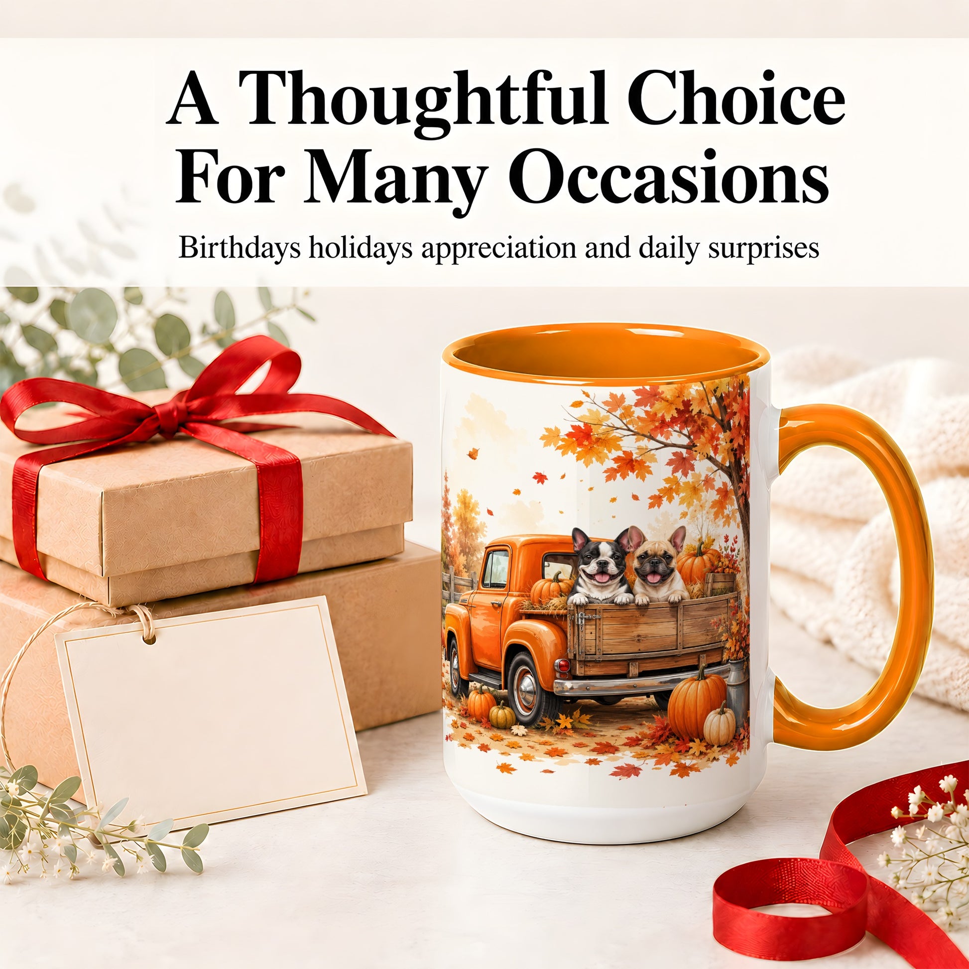 #pl[15oz|Orange] Autumn Dogs Pickup Truck Accent Mug, Mug with Pumpkin Artwork