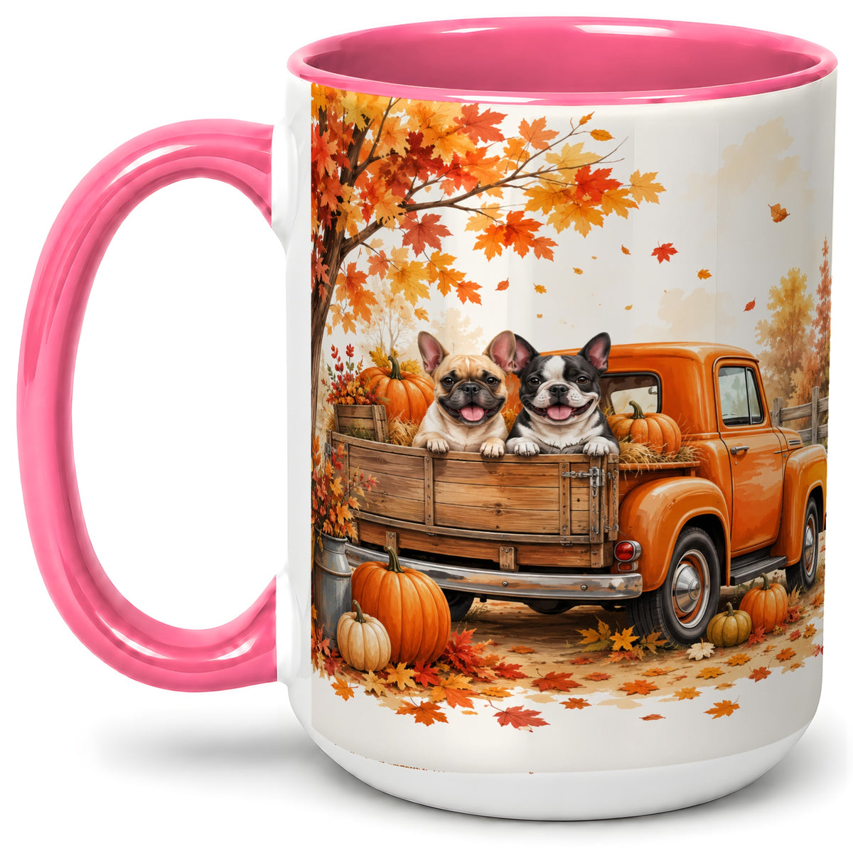 #pl[15oz|Pink] Autumn Dogs Pickup Truck Accent Mug, Mug with Pumpkin Artwork