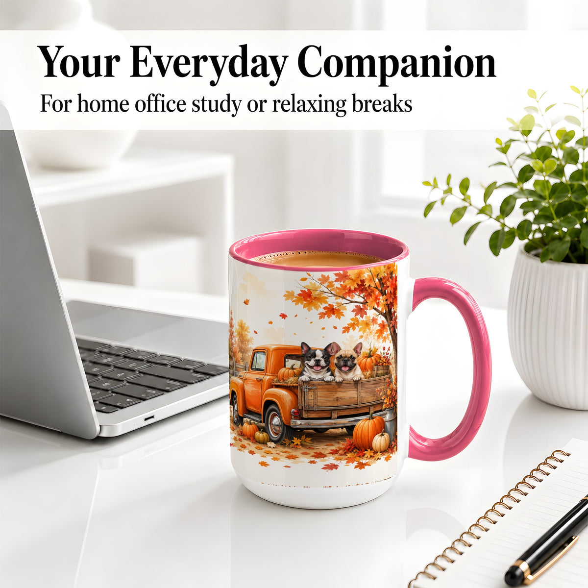 #pl[15oz|Pink] Autumn Dogs Pickup Truck Accent Mug, Mug with Pumpkin Artwork