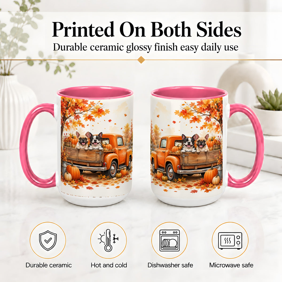 #pl[15oz|Pink] Autumn Dogs Pickup Truck Accent Mug, Mug with Pumpkin Artwork