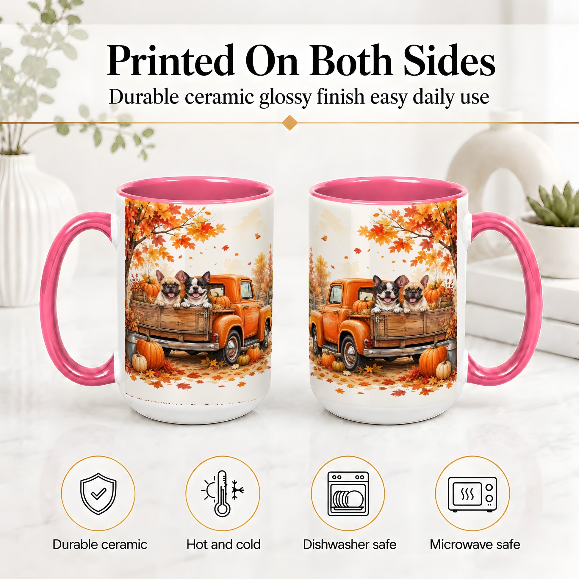 #pl[15oz|Pink] Autumn Dogs Pickup Truck Accent Mug, Mug with Pumpkin Artwork