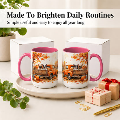 #pl[15oz|Pink] Autumn Dogs Pickup Truck Accent Mug, Mug with Pumpkin Artwork