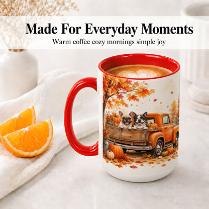 #pl[15oz|Red] Autumn Dogs Pickup Truck Accent Mug, Mug with Pumpkin Artwork