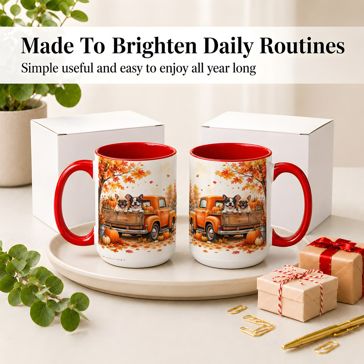 #pl[15oz|Red] Autumn Dogs Pickup Truck Accent Mug, Mug with Pumpkin Artwork