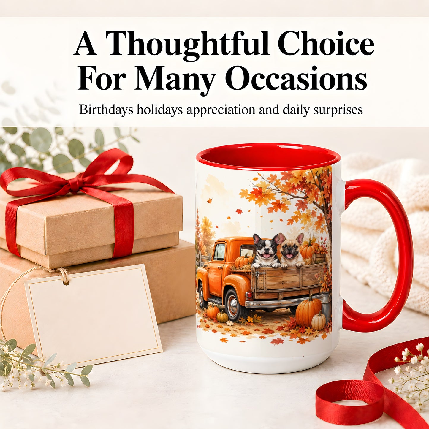 #pl[15oz|Red] Autumn Dogs Pickup Truck Accent Mug, Mug with Pumpkin Artwork