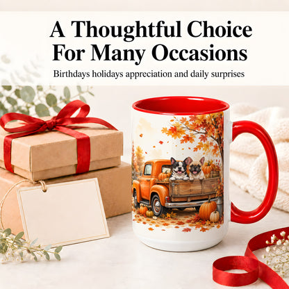 #pl[15oz|Red] Autumn Dogs Pickup Truck Accent Mug, Mug with Pumpkin Artwork