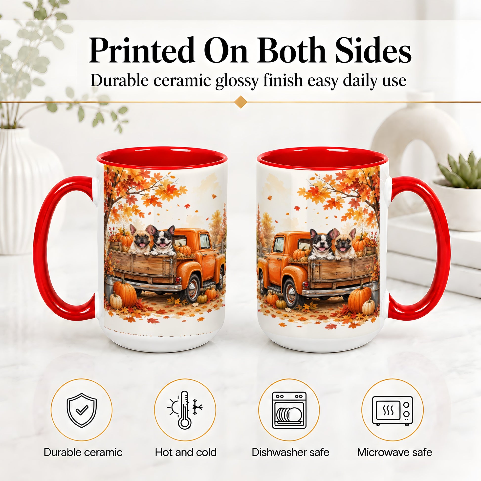 #pl[15oz|Red] Autumn Dogs Pickup Truck Accent Mug, Mug with Pumpkin Artwork
