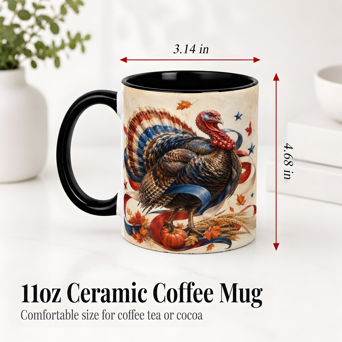 #pl[11oz|Black] Patriotic Thanksgiving Turkey Accent Mug, Mug with Fall Artwork
