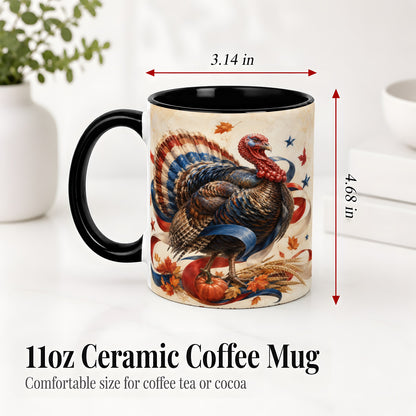 #pl[11oz|Black] Patriotic Thanksgiving Turkey Accent Mug, Mug with Fall Artwork