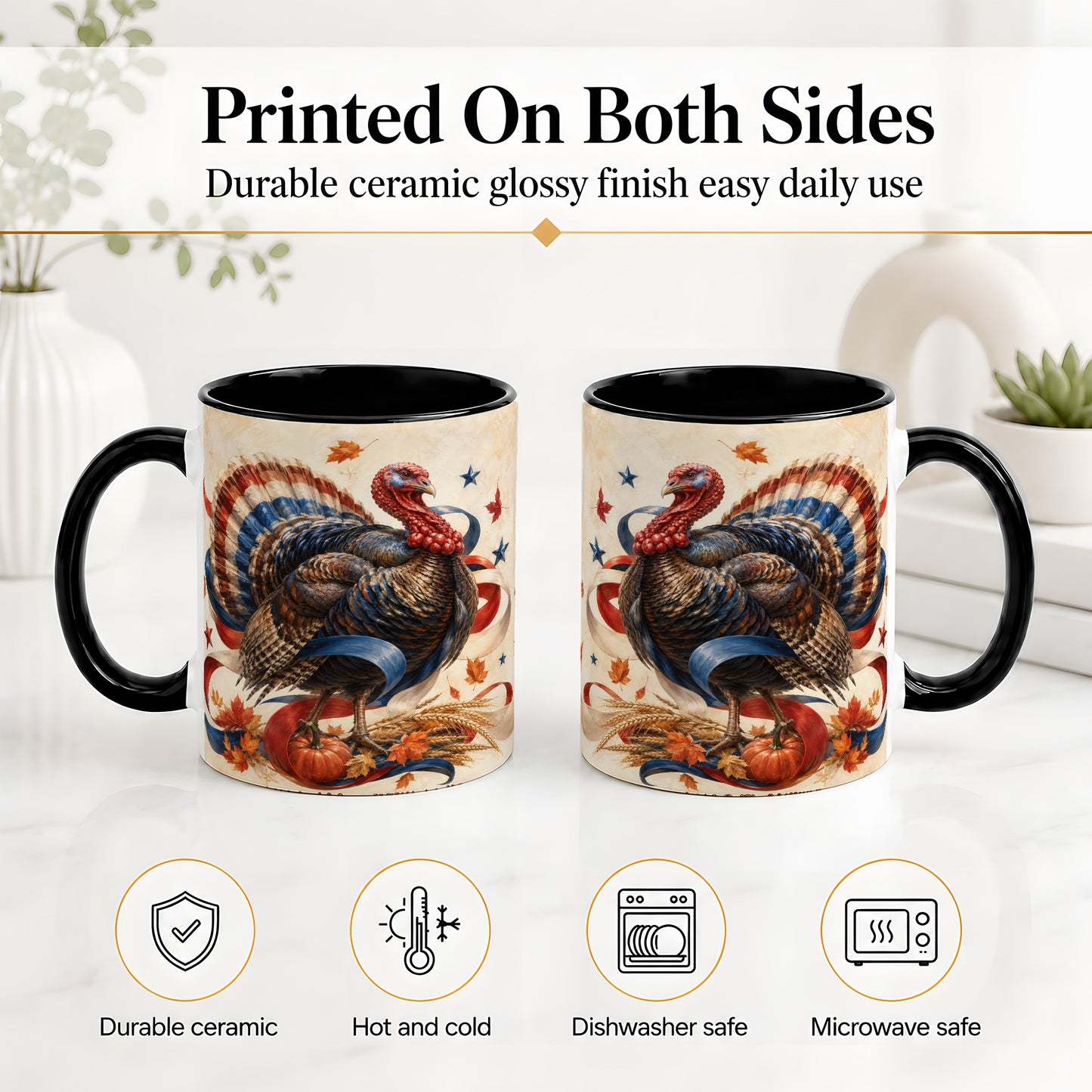 #pl[11oz|Black] Patriotic Thanksgiving Turkey Accent Mug, Mug with Fall Artwork