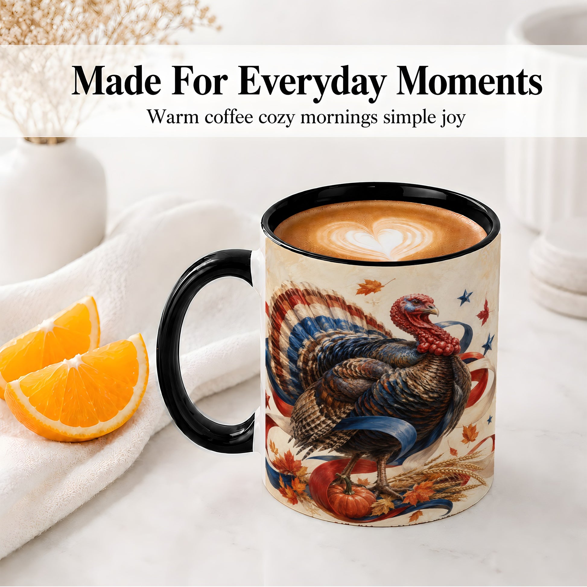 #pl[11oz|Black] Patriotic Thanksgiving Turkey Accent Mug, Mug with Fall Artwork
