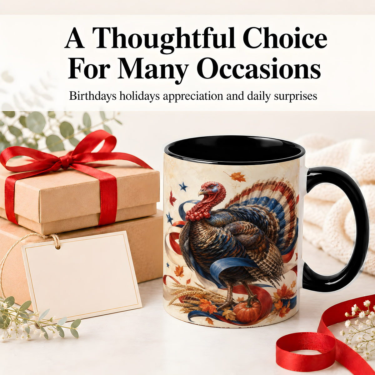 #pl[11oz|Black] Patriotic Thanksgiving Turkey Accent Mug, Mug with Fall Artwork