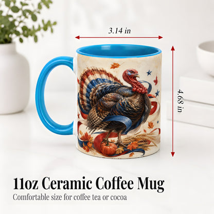 #pl[11oz|Blue] Patriotic Thanksgiving Turkey Accent Mug, Mug with Fall Artwork