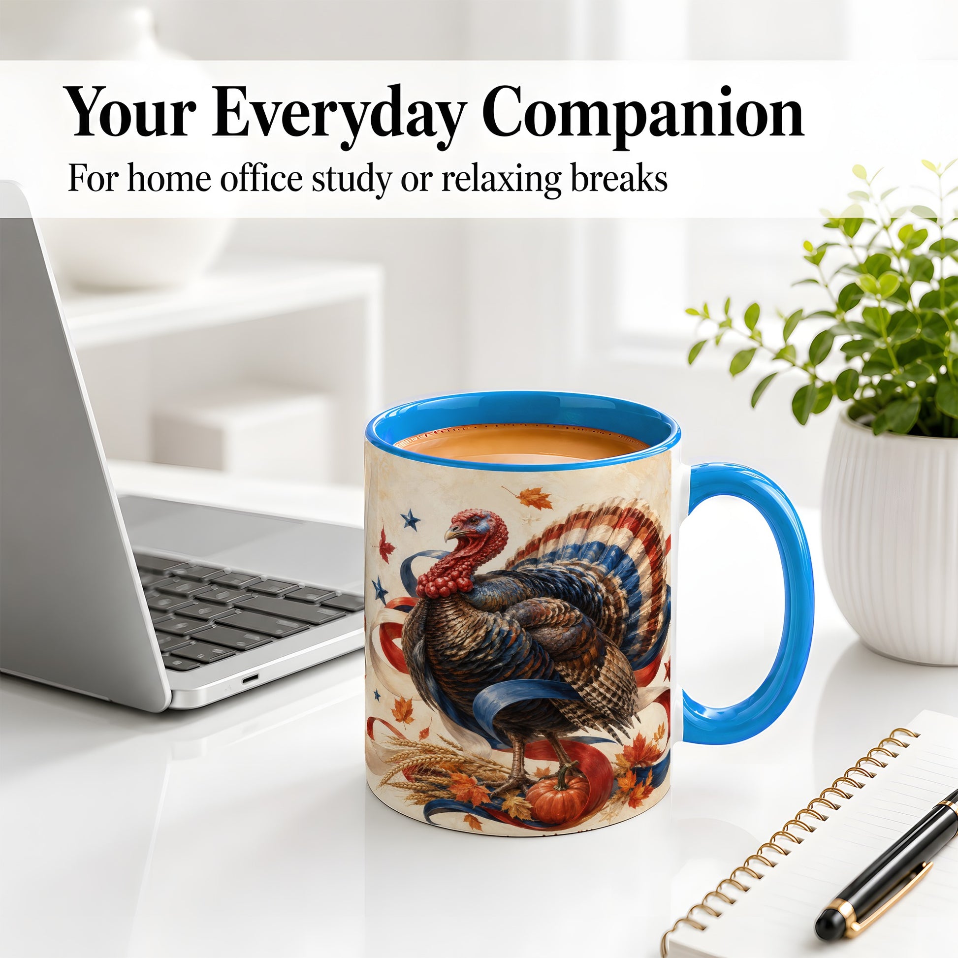 #pl[11oz|Blue] Patriotic Thanksgiving Turkey Accent Mug, Mug with Fall Artwork