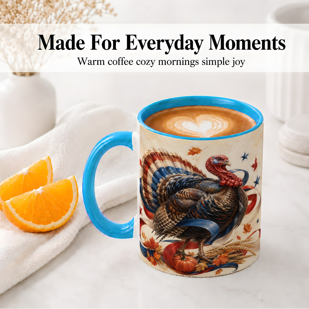 #pl[11oz|Blue] Patriotic Thanksgiving Turkey Accent Mug, Mug with Fall Artwork