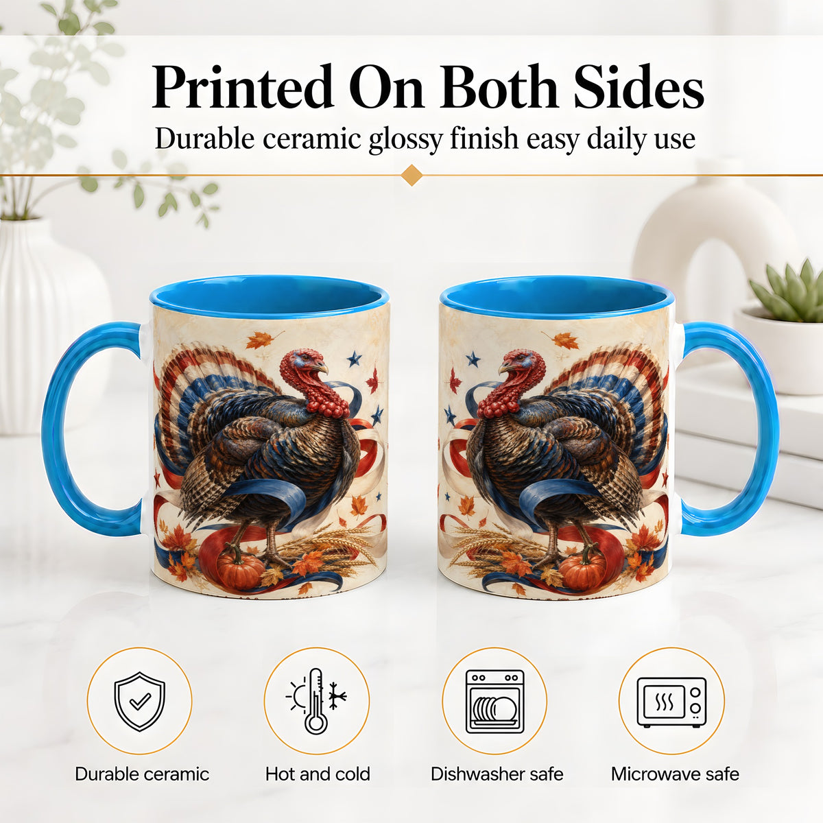#pl[11oz|Blue] Patriotic Thanksgiving Turkey Accent Mug, Mug with Fall Artwork