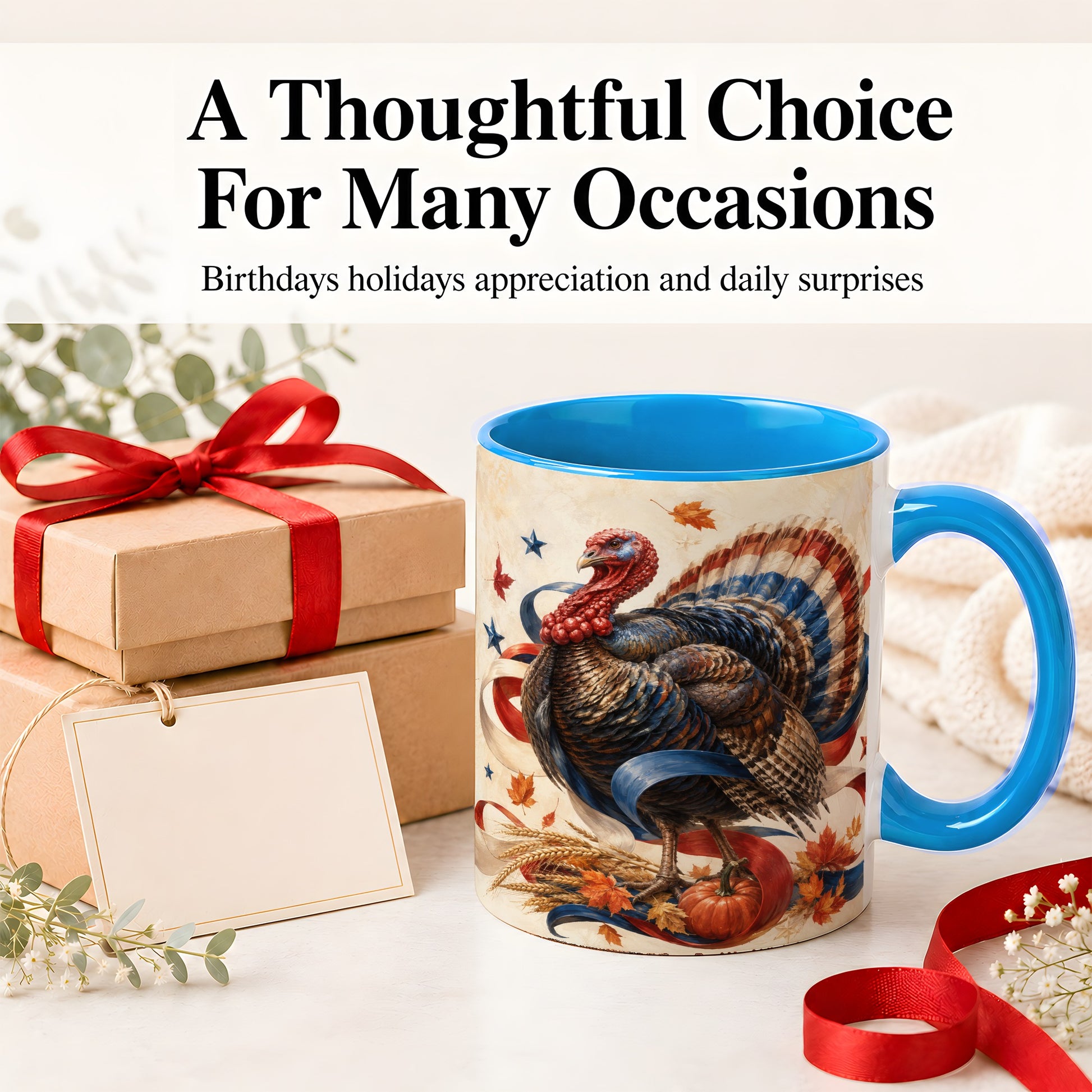 #pl[11oz|Blue] Patriotic Thanksgiving Turkey Accent Mug, Mug with Fall Artwork