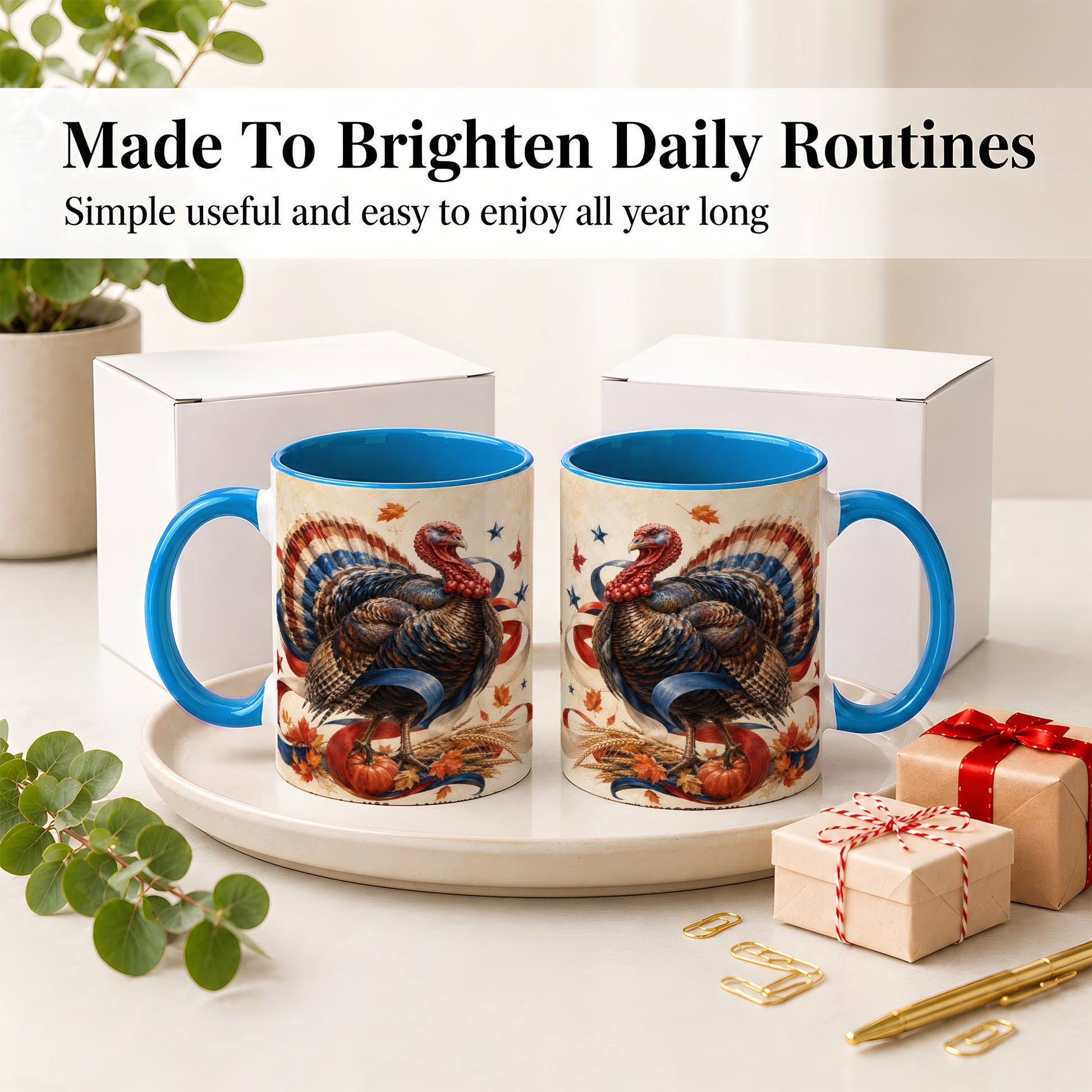 #pl[11oz|Blue] Patriotic Thanksgiving Turkey Accent Mug, Mug with Fall Artwork