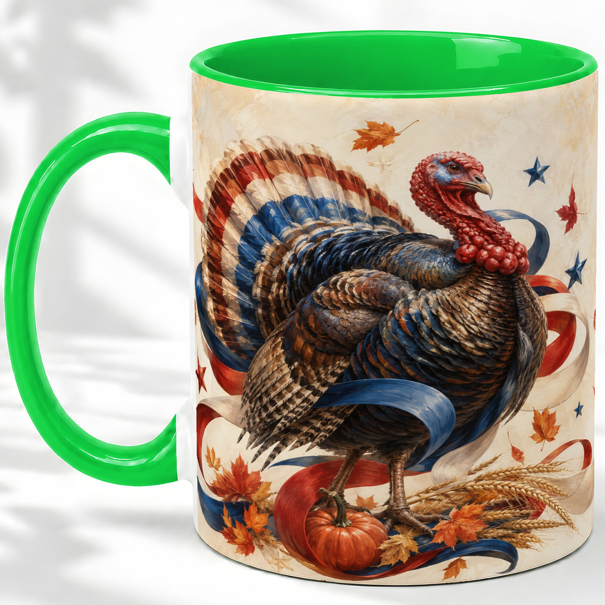 #pl[11oz|Green] Patriotic Thanksgiving Turkey Accent Mug, Mug with Fall Artwork