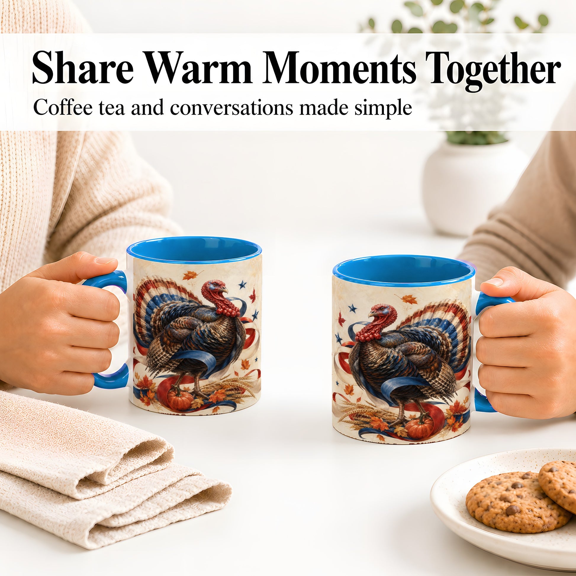 #pl[11oz|Blue] Patriotic Thanksgiving Turkey Accent Mug, Mug with Fall Artwork