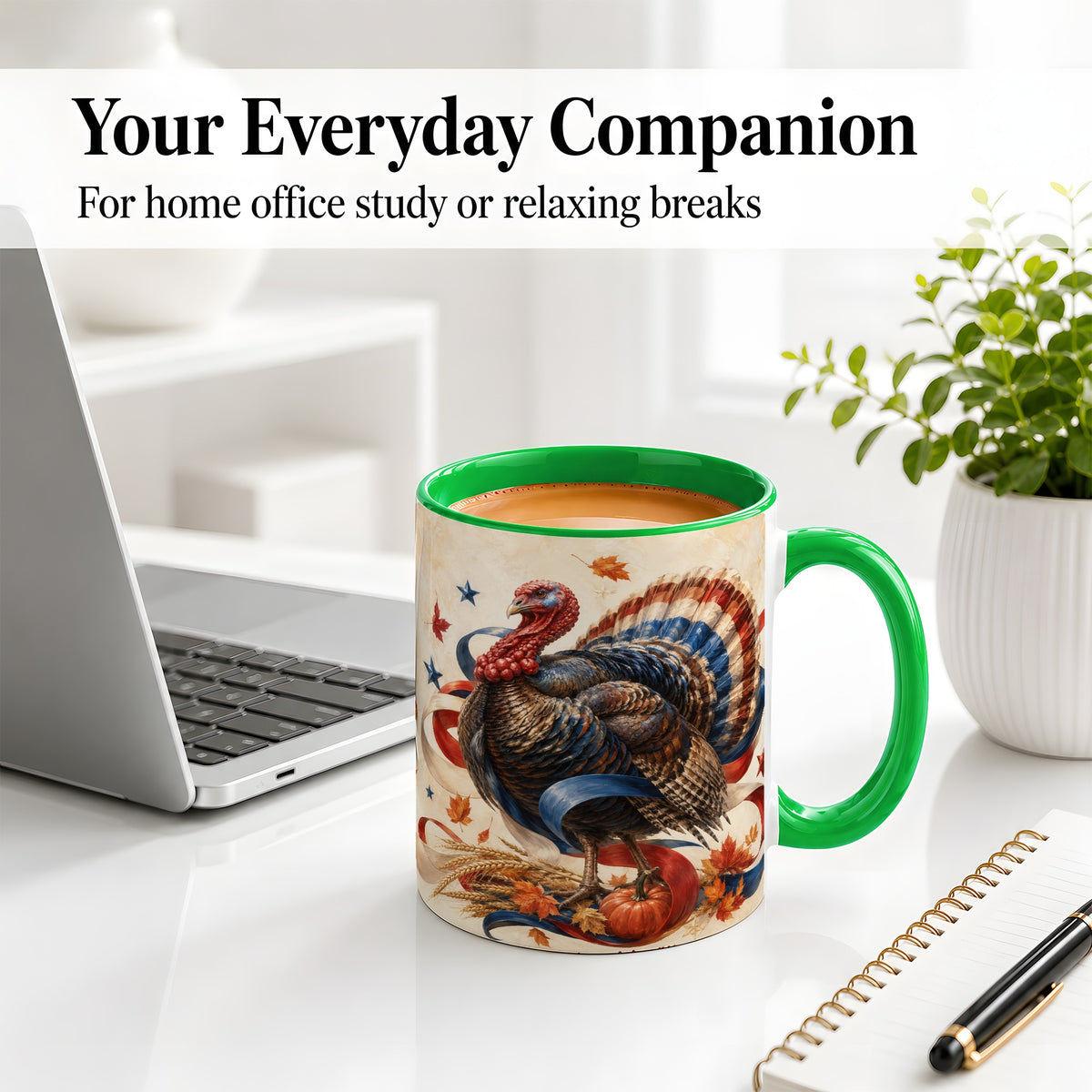 #pl[11oz|Green] Patriotic Thanksgiving Turkey Accent Mug, Mug with Fall Artwork