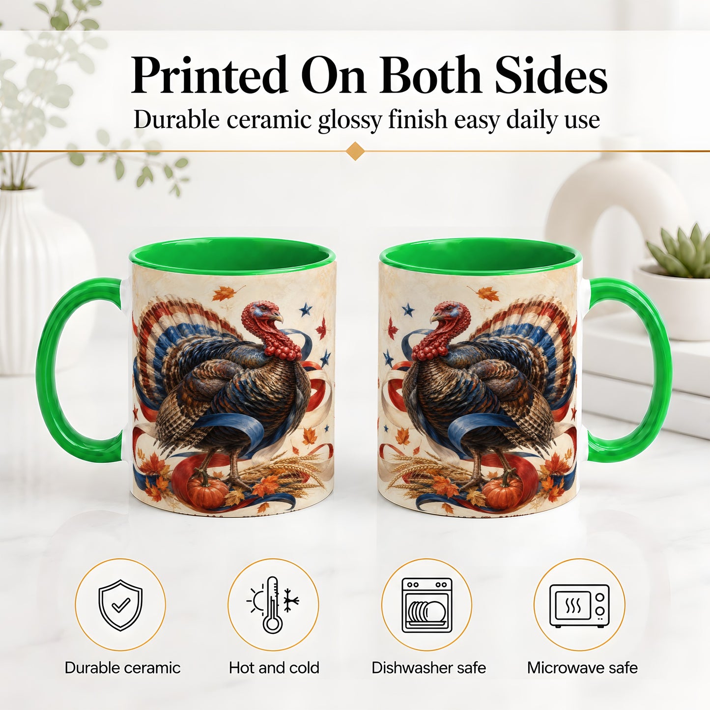 #pl[11oz|Green] Patriotic Thanksgiving Turkey Accent Mug, Mug with Fall Artwork