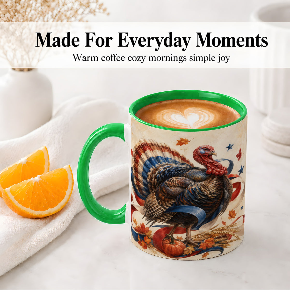 #pl[11oz|Green] Patriotic Thanksgiving Turkey Accent Mug, Mug with Fall Artwork