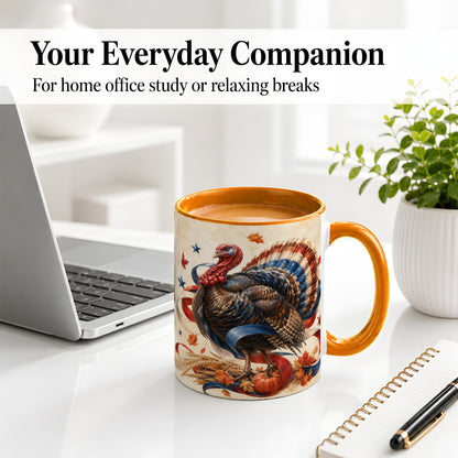 #pl[11oz|Orange] Patriotic Thanksgiving Turkey Accent Mug, Mug with Fall Artwork