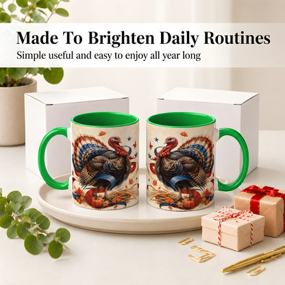 #pl[11oz|Green] Patriotic Thanksgiving Turkey Accent Mug, Mug with Fall Artwork
