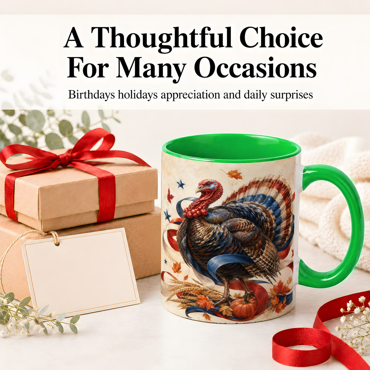 #pl[11oz|Green] Patriotic Thanksgiving Turkey Accent Mug, Mug with Fall Artwork