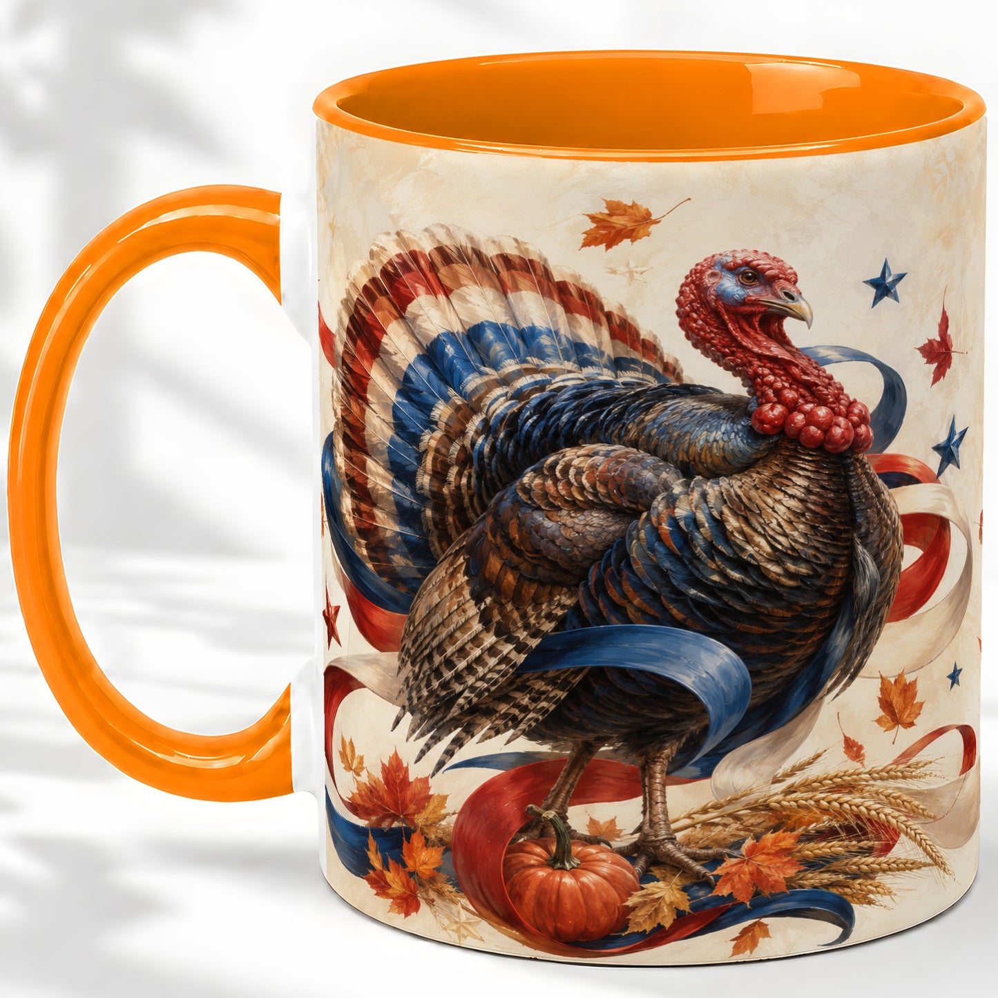#pl[11oz|Orange] Patriotic Thanksgiving Turkey Accent Mug, Mug with Fall Artwork