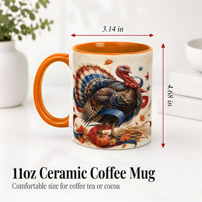 #pl[11oz|Orange] Patriotic Thanksgiving Turkey Accent Mug, Mug with Fall Artwork