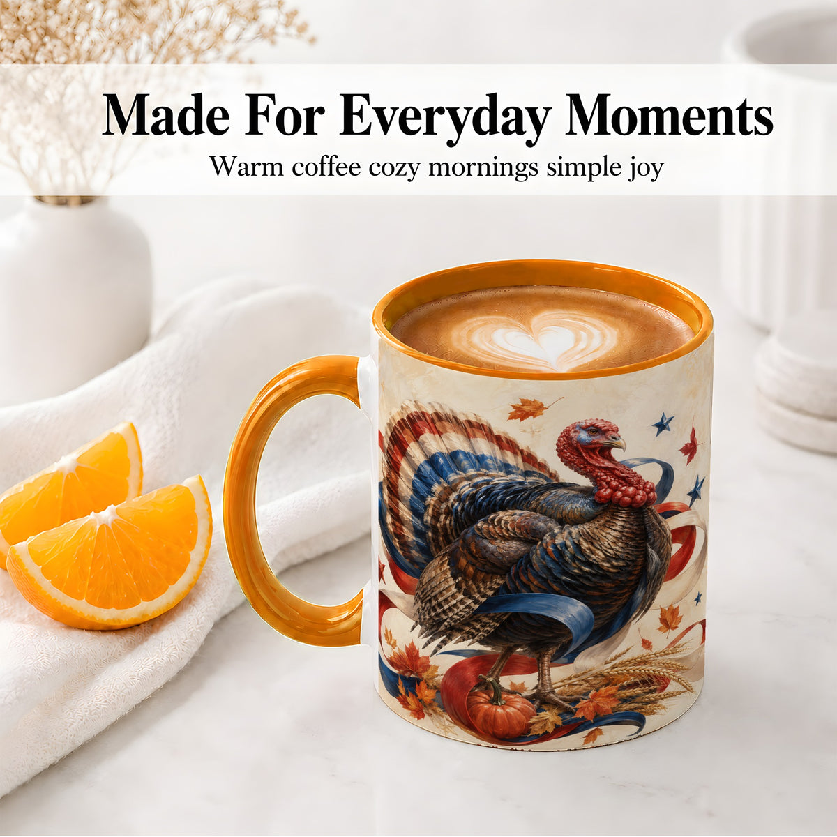 #pl[11oz|Orange] Patriotic Thanksgiving Turkey Accent Mug, Mug with Fall Artwork