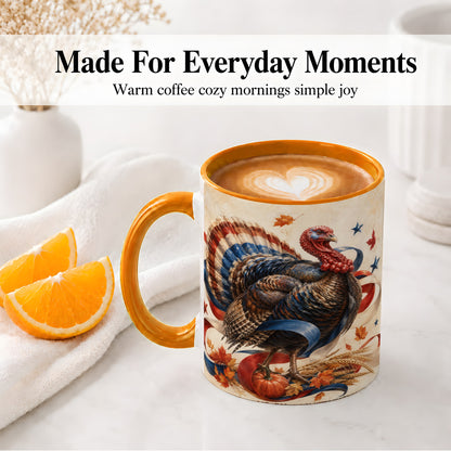 #pl[11oz|Orange] Patriotic Thanksgiving Turkey Accent Mug, Mug with Fall Artwork
