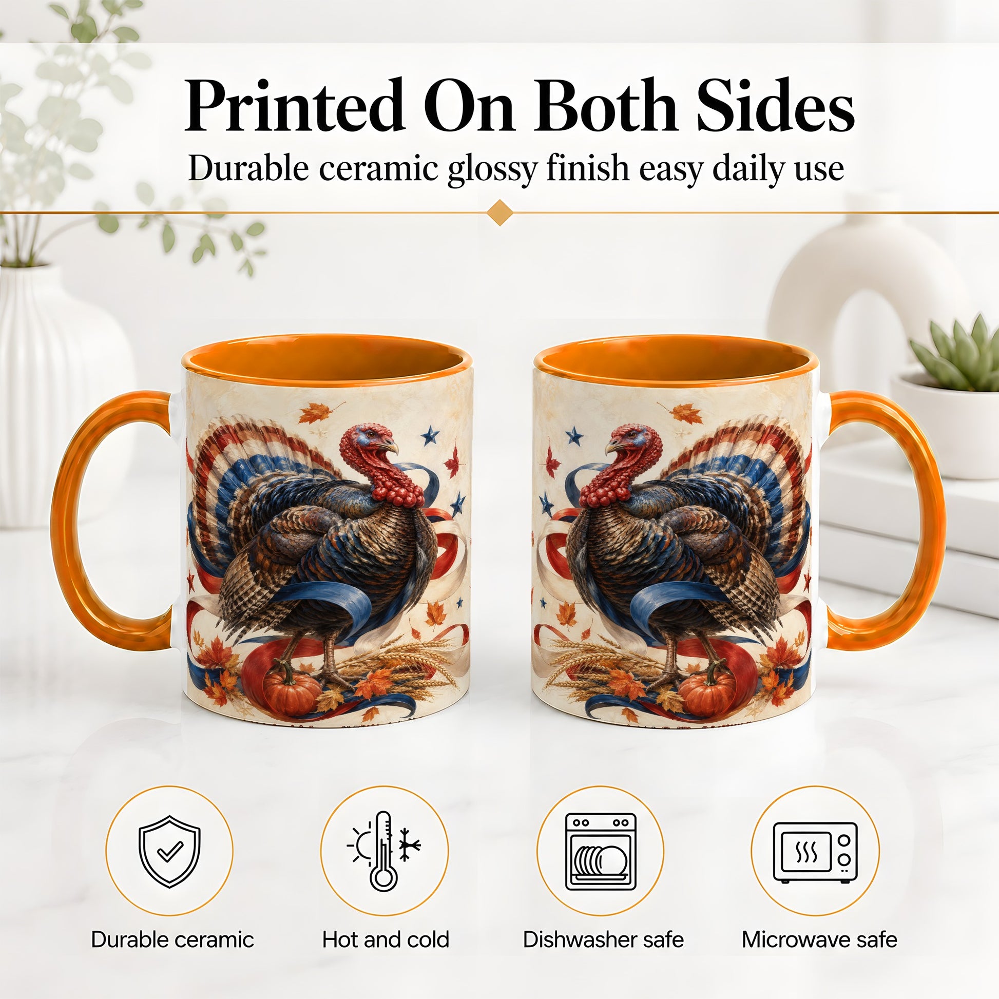 #pl[11oz|Orange] Patriotic Thanksgiving Turkey Accent Mug, Mug with Fall Artwork