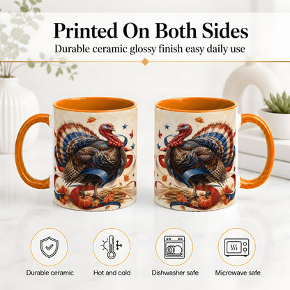 #pl[11oz|Orange] Patriotic Thanksgiving Turkey Accent Mug, Mug with Fall Artwork