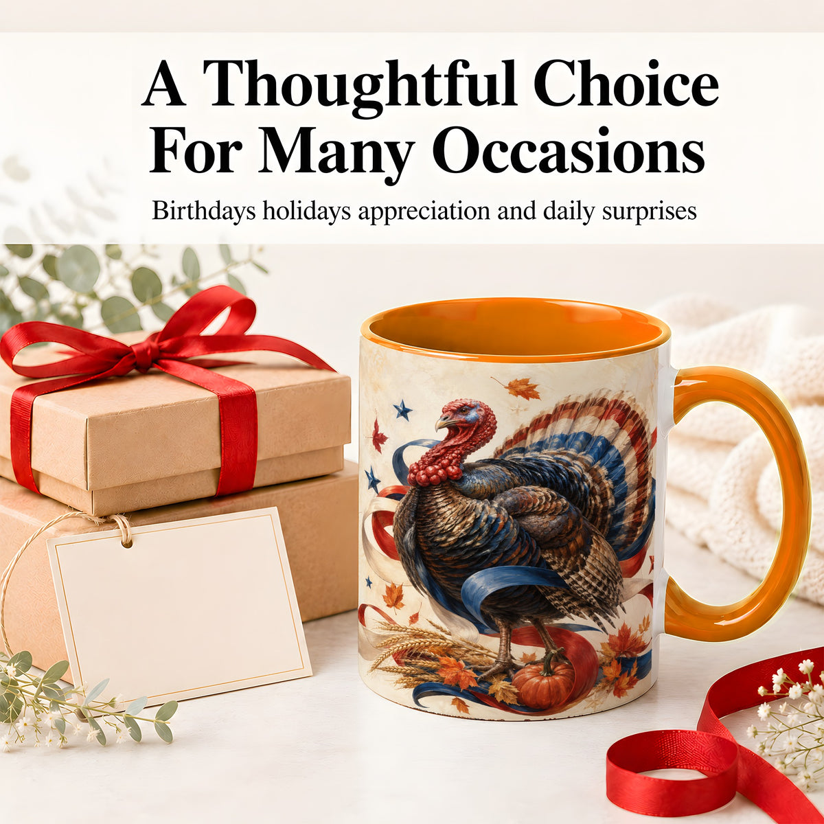 #pl[11oz|Orange] Patriotic Thanksgiving Turkey Accent Mug, Mug with Fall Artwork