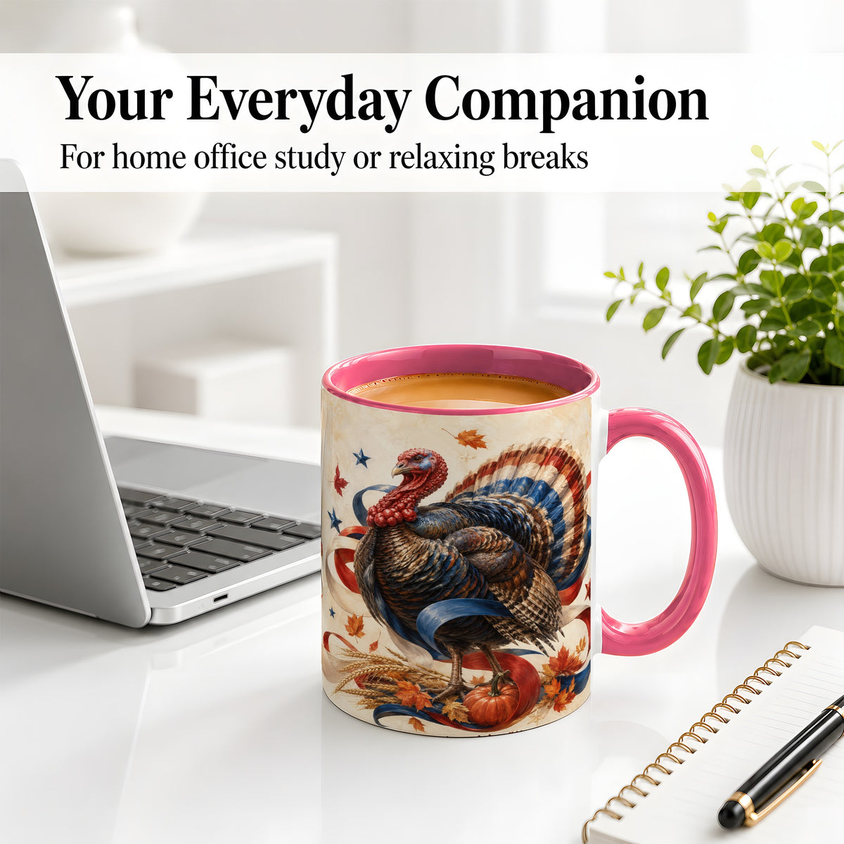 #pl[11oz|Pink] Patriotic Thanksgiving Turkey Accent Mug, Mug with Fall Artwork