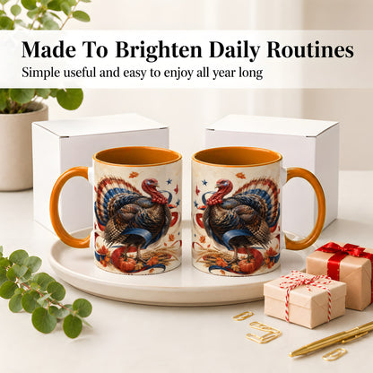#pl[11oz|Orange] Patriotic Thanksgiving Turkey Accent Mug, Mug with Fall Artwork