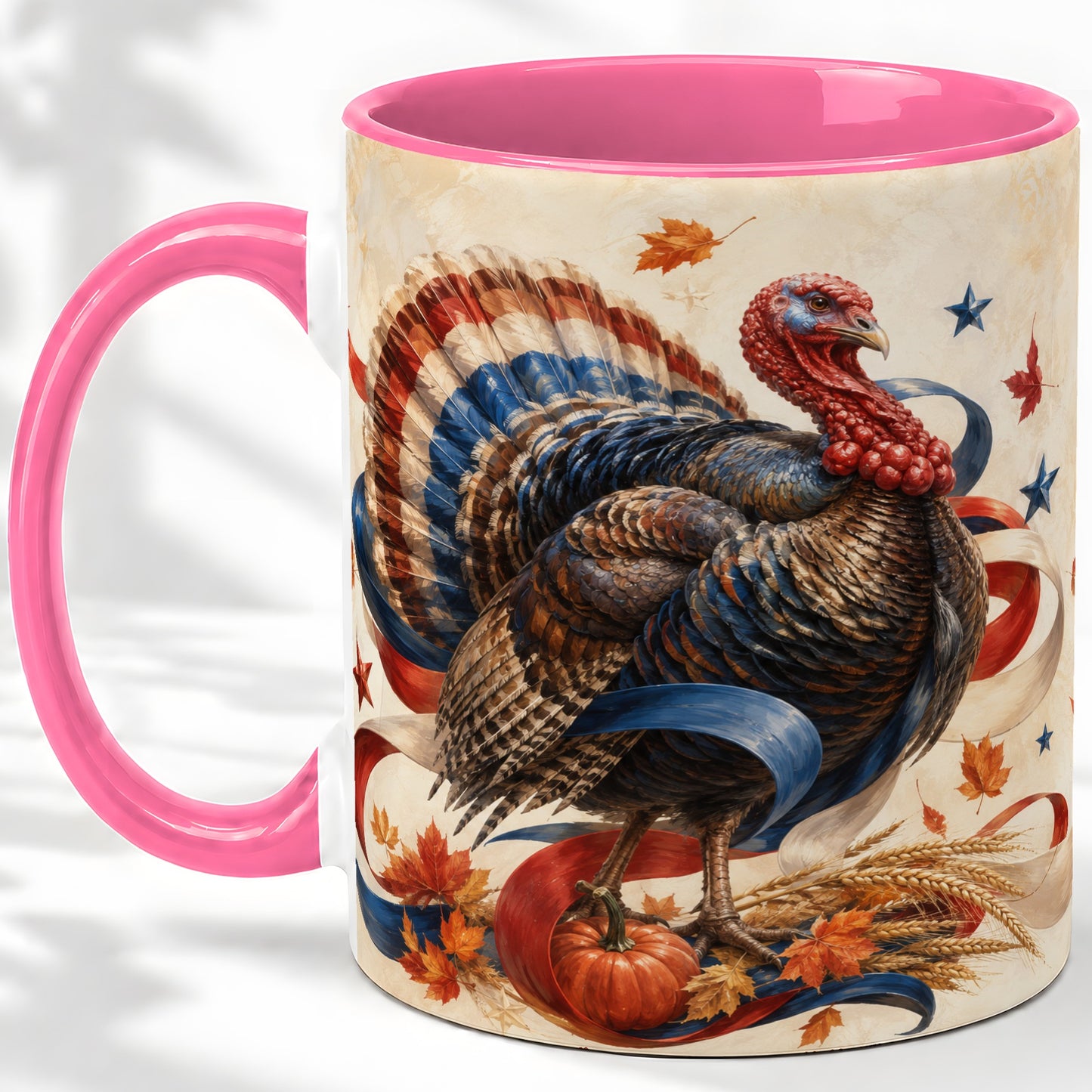 #pl[11oz|Pink] Patriotic Thanksgiving Turkey Accent Mug, Mug with Fall Artwork