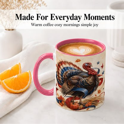 #pl[11oz|Pink] Patriotic Thanksgiving Turkey Accent Mug, Mug with Fall Artwork