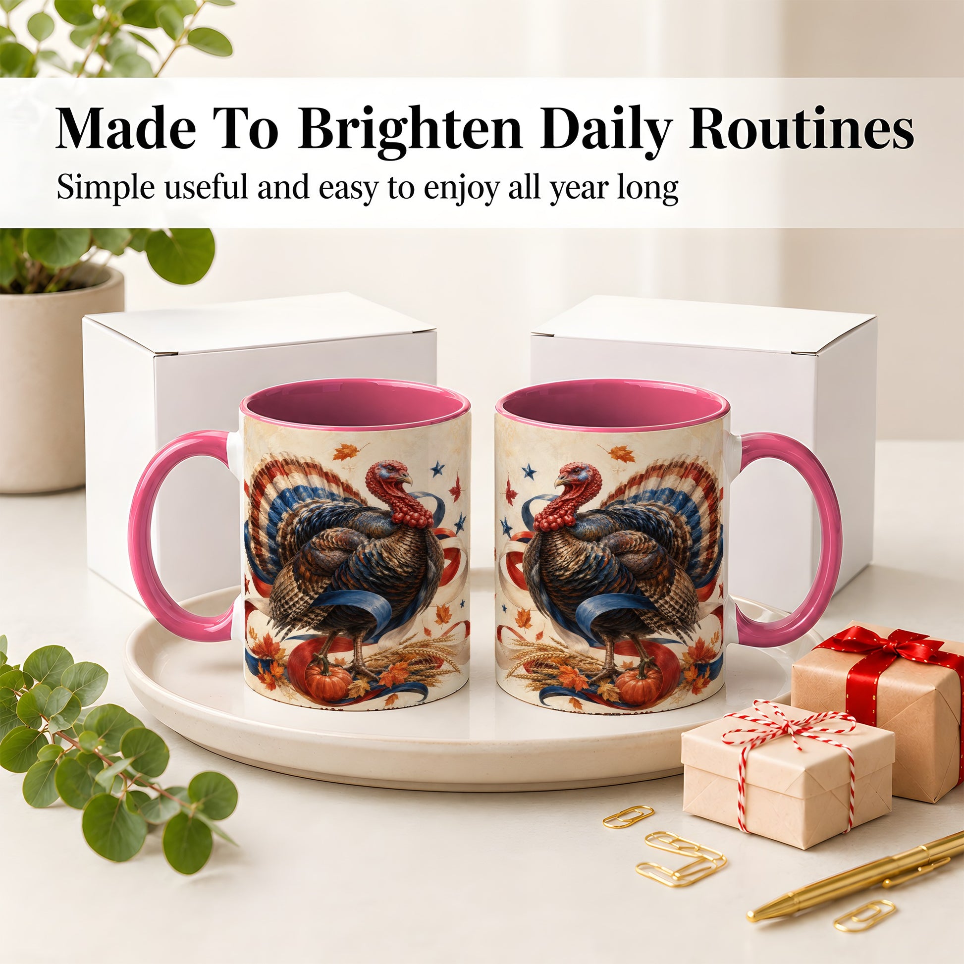 #pl[11oz|Pink] Patriotic Thanksgiving Turkey Accent Mug, Mug with Fall Artwork