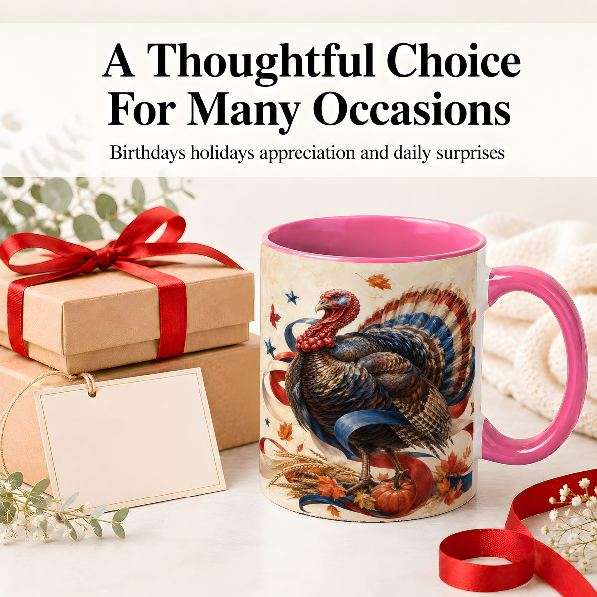 #pl[11oz|Pink] Patriotic Thanksgiving Turkey Accent Mug, Mug with Fall Artwork