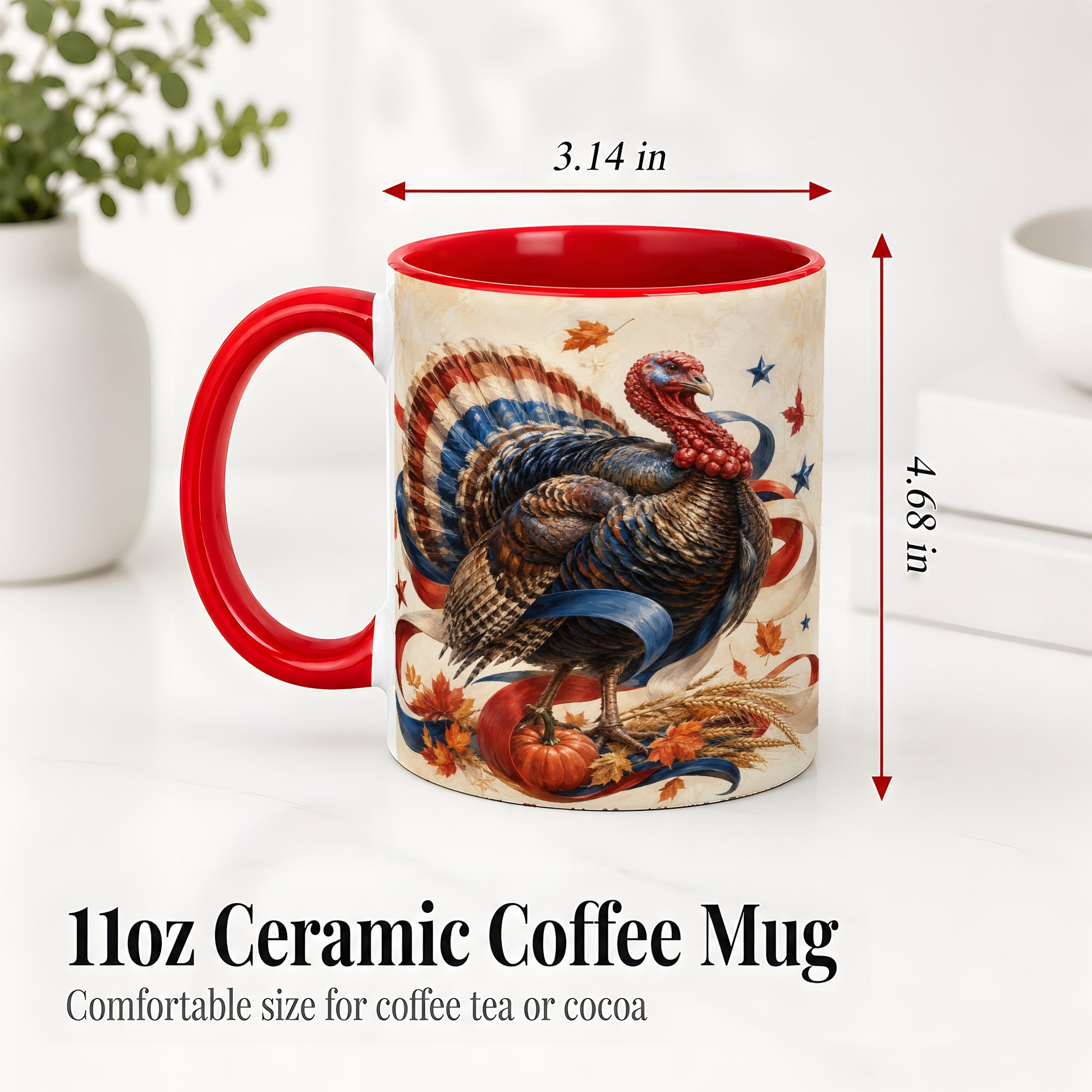 #pl[11oz|Red] Patriotic Thanksgiving Turkey Accent Mug, Mug with Fall Artwork