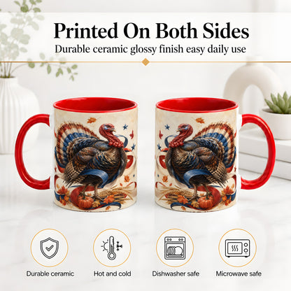 #pl[11oz|Red] Patriotic Thanksgiving Turkey Accent Mug, Mug with Fall Artwork