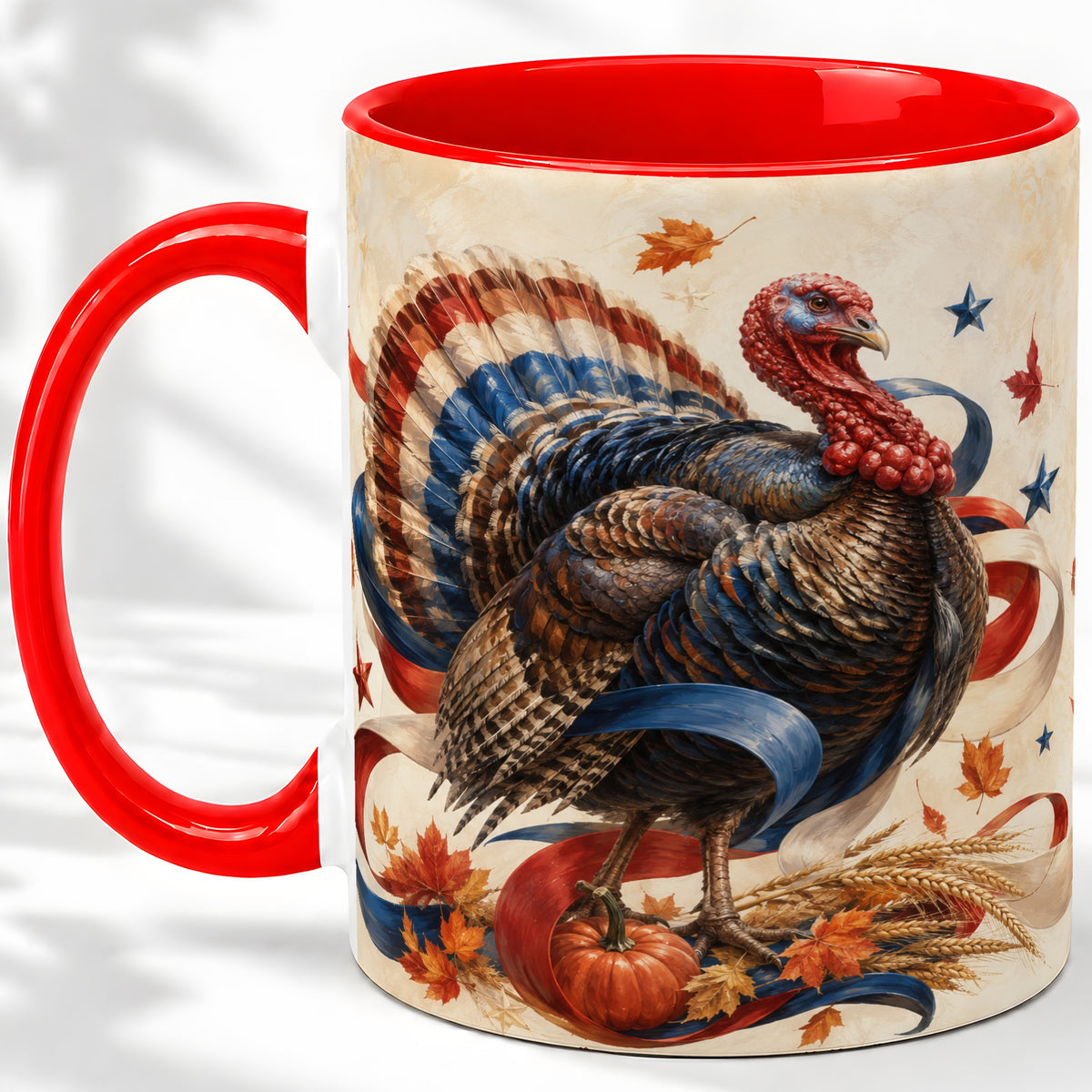 Patriotic Thanksgiving Turkey Accent Mug, Mug with Fall Artwork