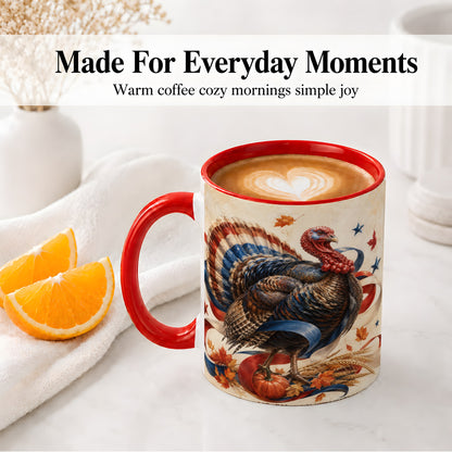 #pl[11oz|Red] Patriotic Thanksgiving Turkey Accent Mug, Mug with Fall Artwork