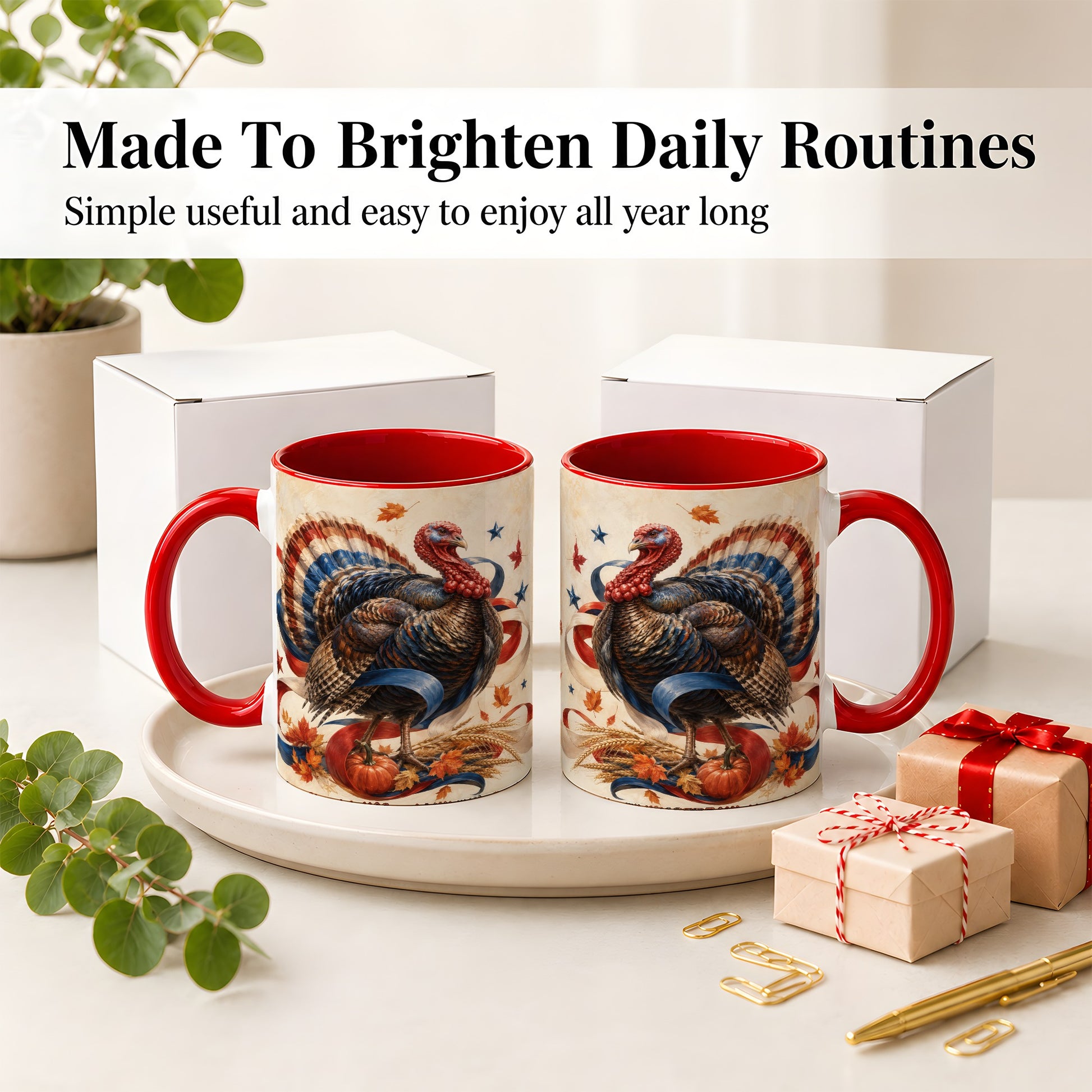 #pl[11oz|Red] Patriotic Thanksgiving Turkey Accent Mug, Mug with Fall Artwork